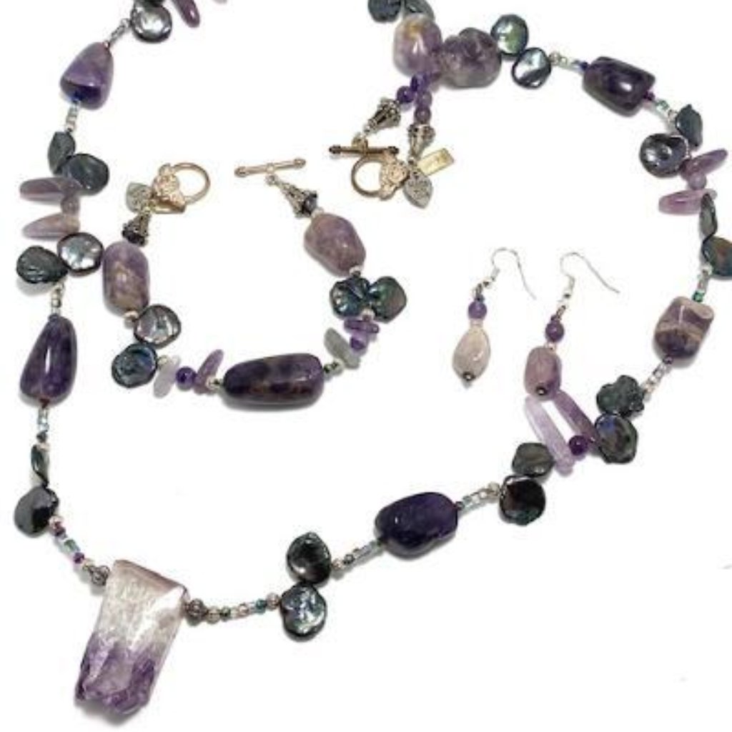 Handmade Jewelry Set By Surdigirl - Amethyst Quartz, Keishi Pearls